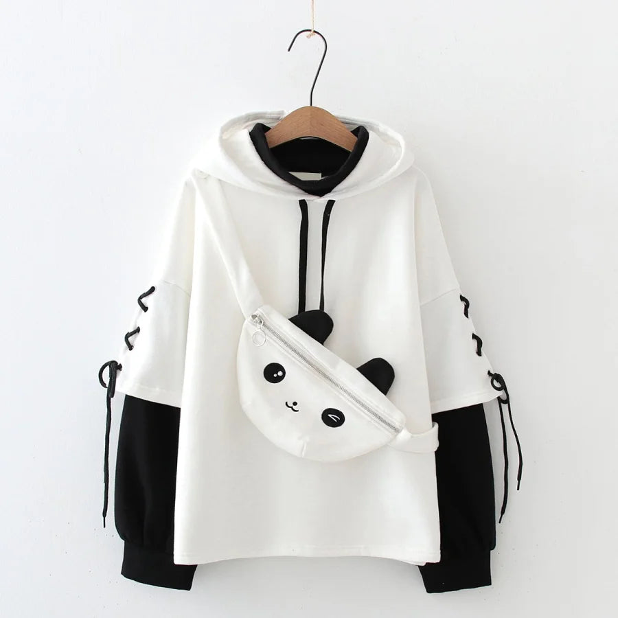 New Student Teen Side Lace Up Fake Two-Piece Cartoon Panda Hoodies Hoodie