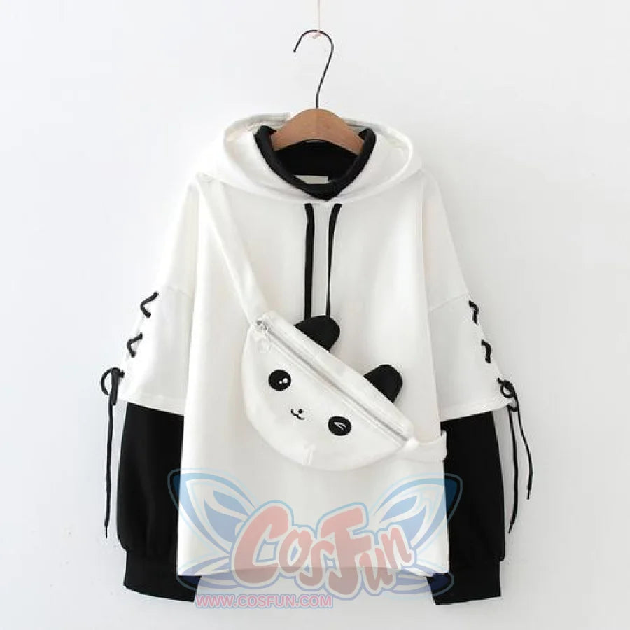 New Student Teen Side Lace Up Fake Two-Piece Cartoon Panda Hoodies Hoodie With Bag / One Size