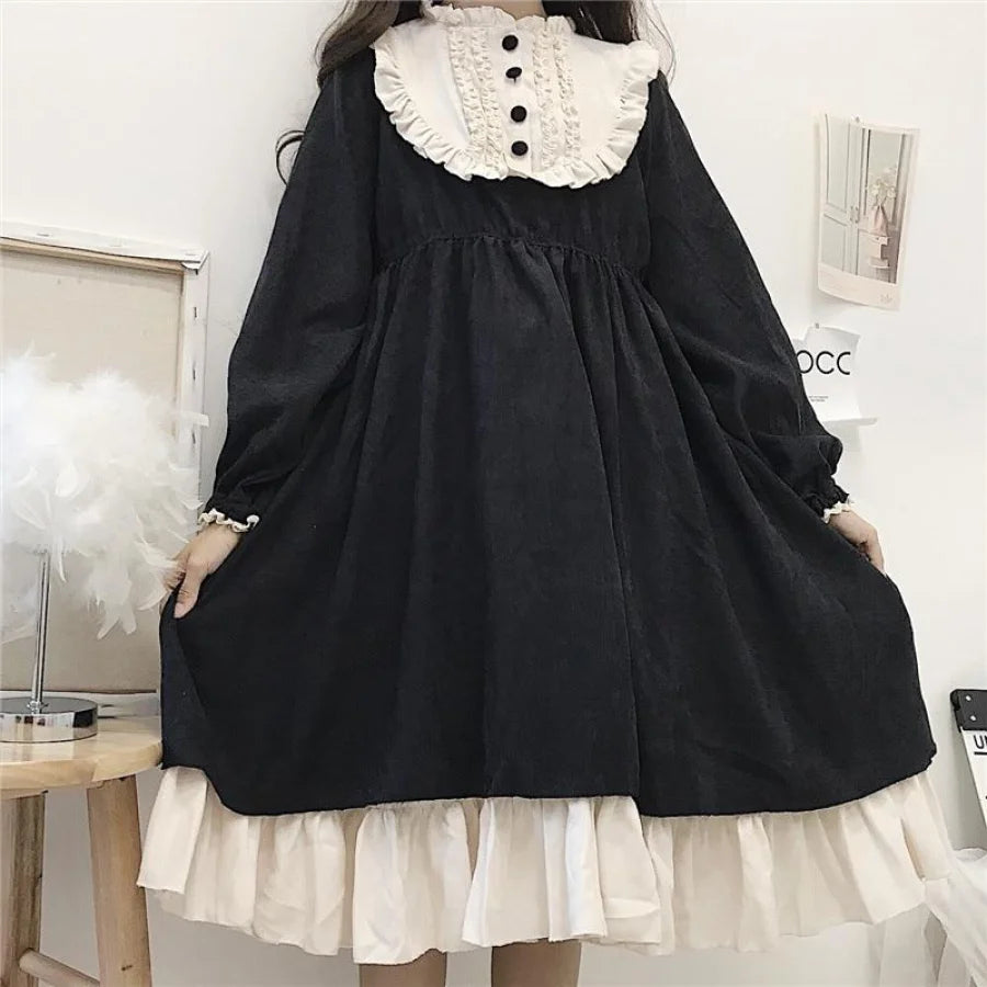 O-Neck High Waist Contrast-Color Ruffled Sweet Lolita Dress Kawaii Clothing J30089 Black / One Size