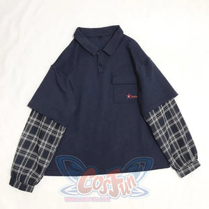 Polo Plaid Starfish Embroidery Pocket Sweatshirt J10027 Blue