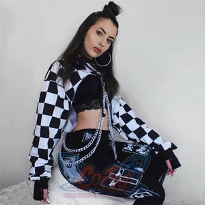 Punk Suspender Check Flag Plaid Cropped Hoodies Mp005930 Top