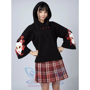 Sakura Fox Mask Print Drawstring Hoodie Mp006002 Sweatshirt