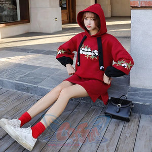 Side Slit Panda Embroidery Hooded Straight Dress Sweatshirt