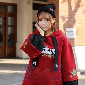 Side Slit Panda Embroidery Hooded Straight Dress Sweatshirt