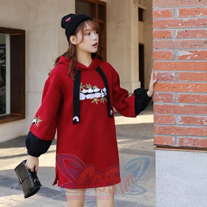 Side Slit Panda Embroidery Hooded Straight Dress Sweatshirt