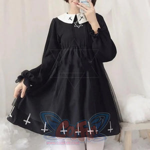 Simple Fashion Cross Print Lolita Tulle Dress Black Long Sleeve / S