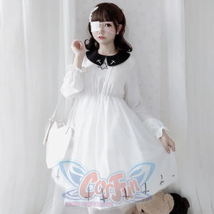 Simple Fashion Cross Print Lolita Tulle Dress White Long Sleeve / S