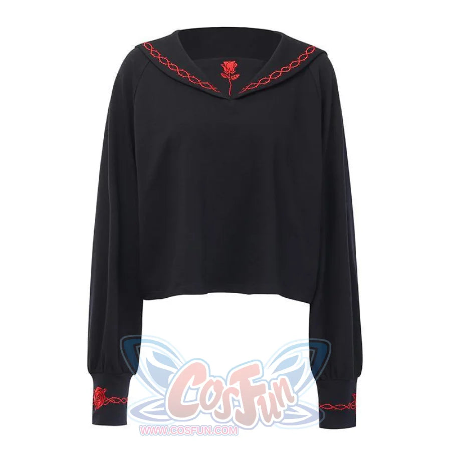 Solid Sailor Collar Persevering Rose Embroidery Sweatshirt Jumper J40117