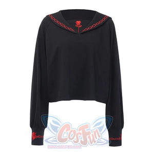 Solid Sailor Collar Persevering Rose Embroidery Sweatshirt Jumper J40117