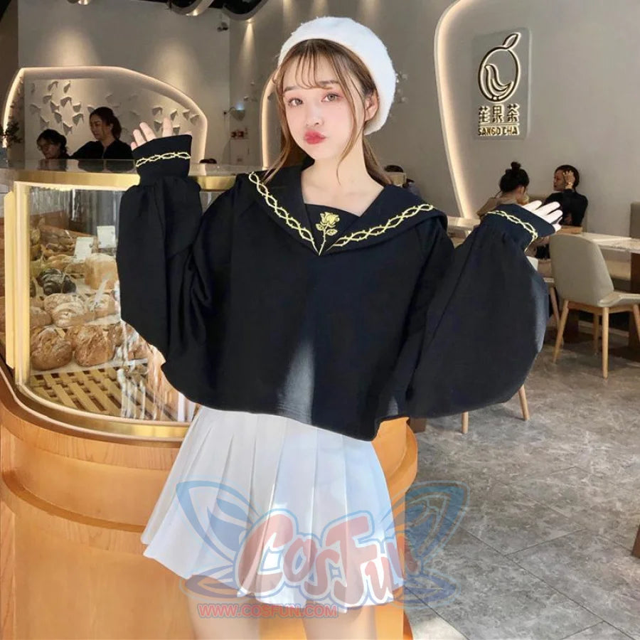 Solid Sailor Collar Persevering Rose Embroidery Sweatshirt Jumper J40117 Golden / One Size