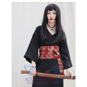 V-Neck Cool Slit Kimono Improved Black Dress