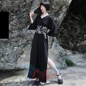 V-Neck Cool Slit Kimono Improved Black Dress Blue Girdle / One Size Short