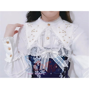 Vintage Constellation Embroidery Ruffle Blouse Shirt