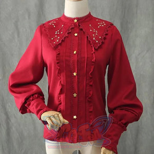 Vintage Constellation Embroidery Ruffle Blouse Shirt