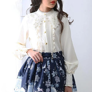 Vintage Constellation Embroidery Ruffle Blouse Shirt