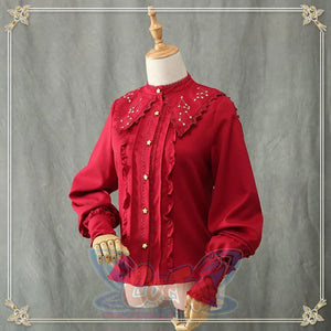 Vintage Constellation Embroidery Ruffle Blouse Shirt