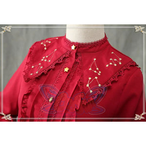 Vintage Constellation Embroidery Ruffle Blouse Shirt