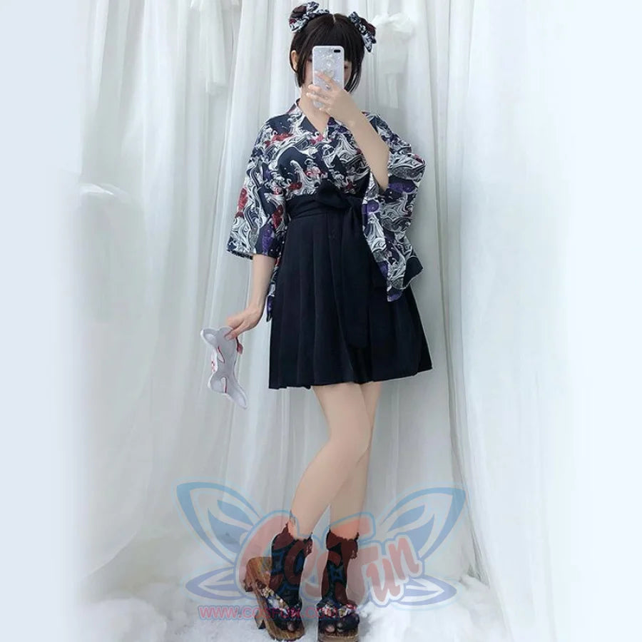 Vintage Kimono Top Pleated Skirt Set Black / One Size