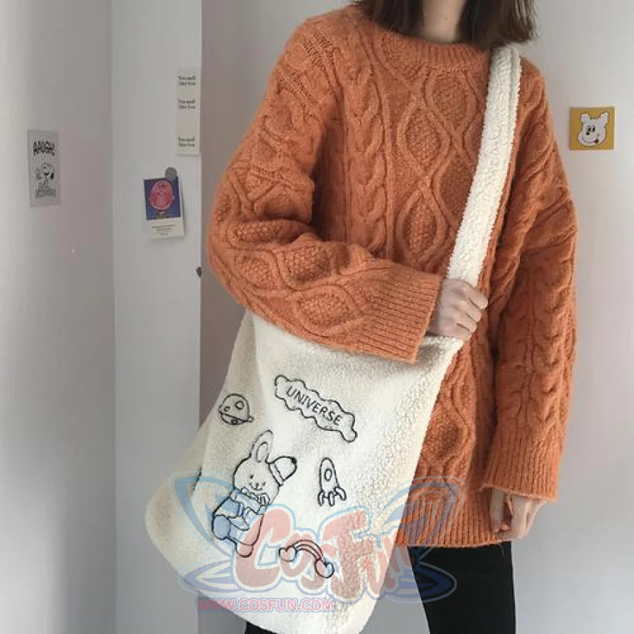 Wander In The Universe Cute Faux Wool Shopper Bag Hobo/tote C00065 One Belt Of White Planet Rabbit