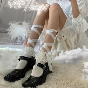 White Socks Female Calf Length Jk Lolita Kawaii Tied Strips