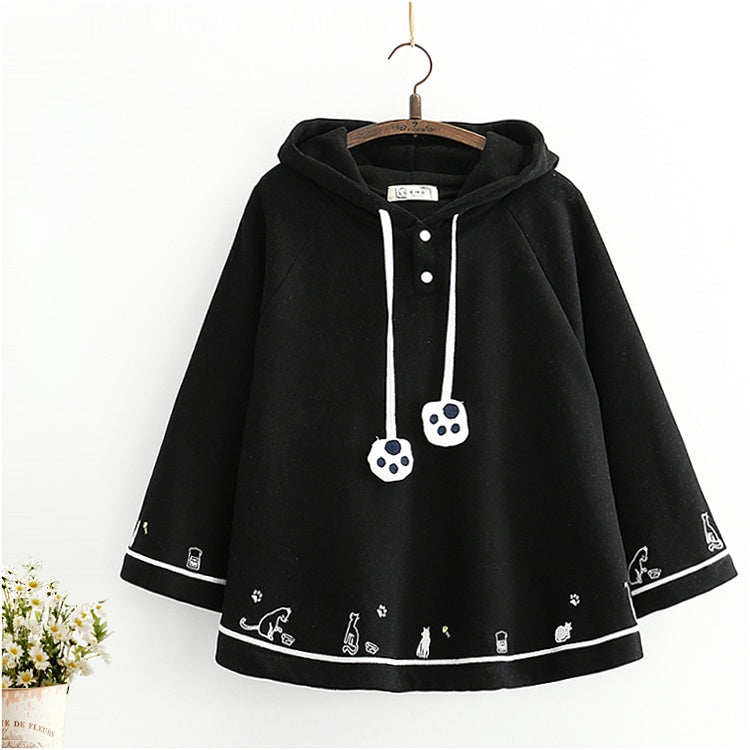 Cat Footprint Embroidery Plush Warm Hooded Cape Coat