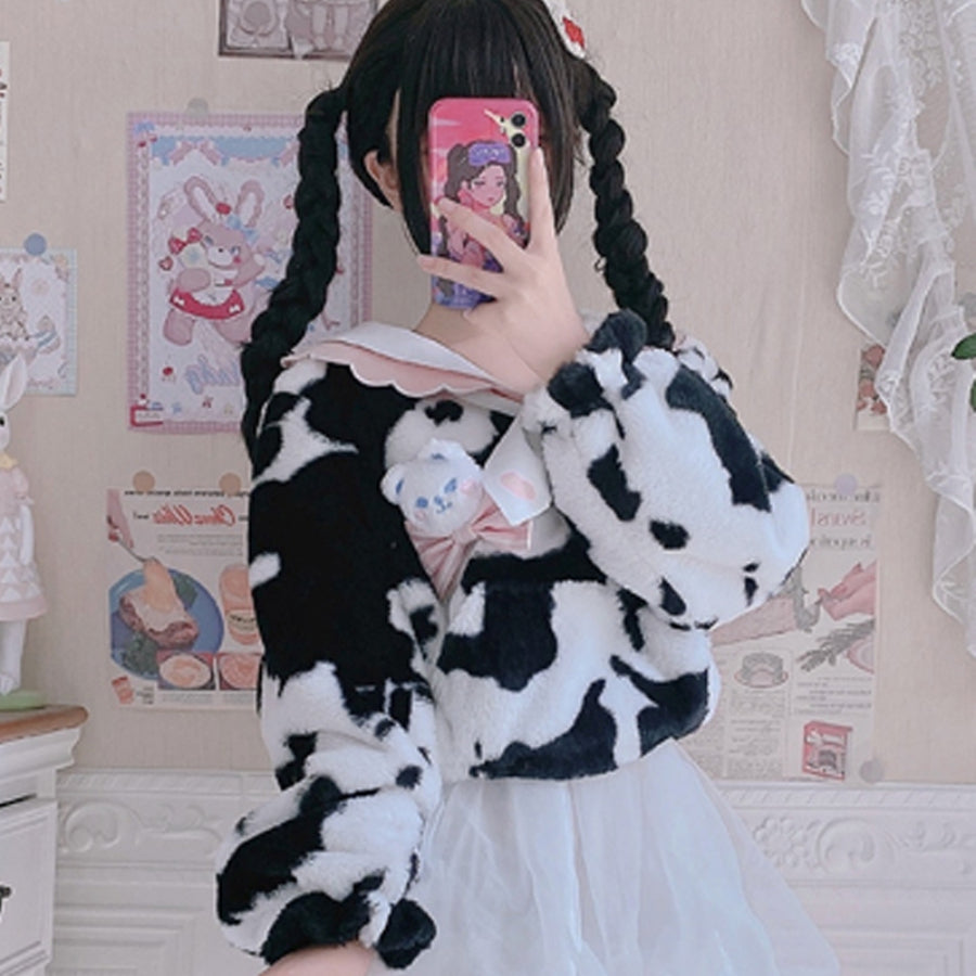 Autumn Winter Lovely Cow Lolita Woolen Hoodie