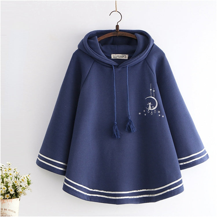 Cat Footprint Embroidery Plush Warm Hooded Cape Coat