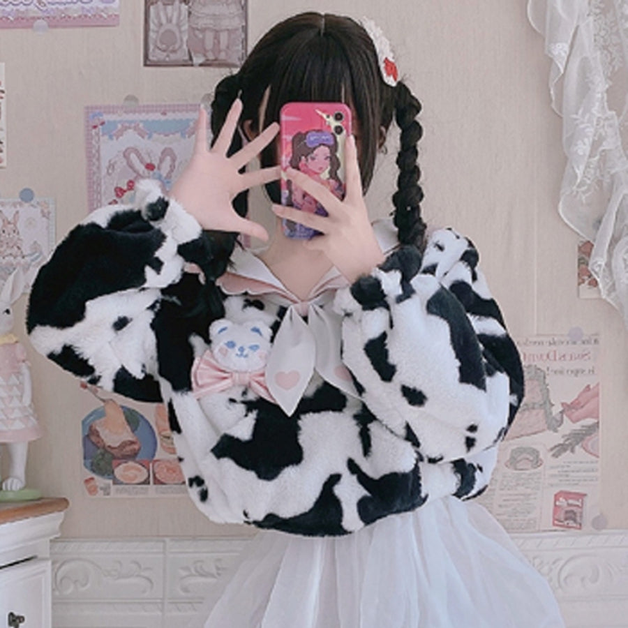 Autumn Winter Lovely Cow Lolita Woolen Hoodie