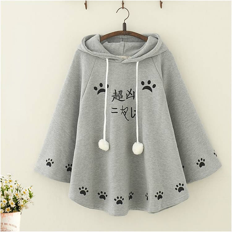 Cat Footprint Embroidery Plush Warm Hooded Cape Coat