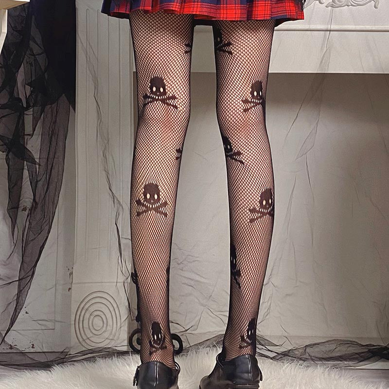 Black Punk Skull Panty-hose Sexy Girl Hollow Out Fish-net Panty-hose