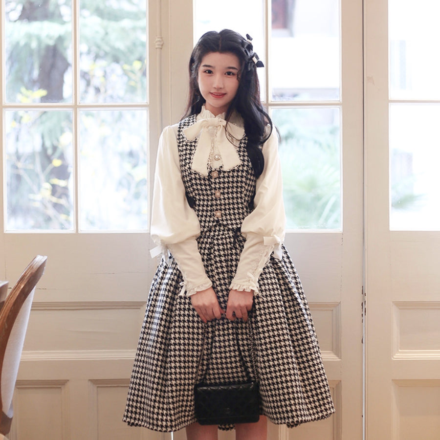 Daily Elegant Winter Lolita Woolen Houndstooth Skirt Sets