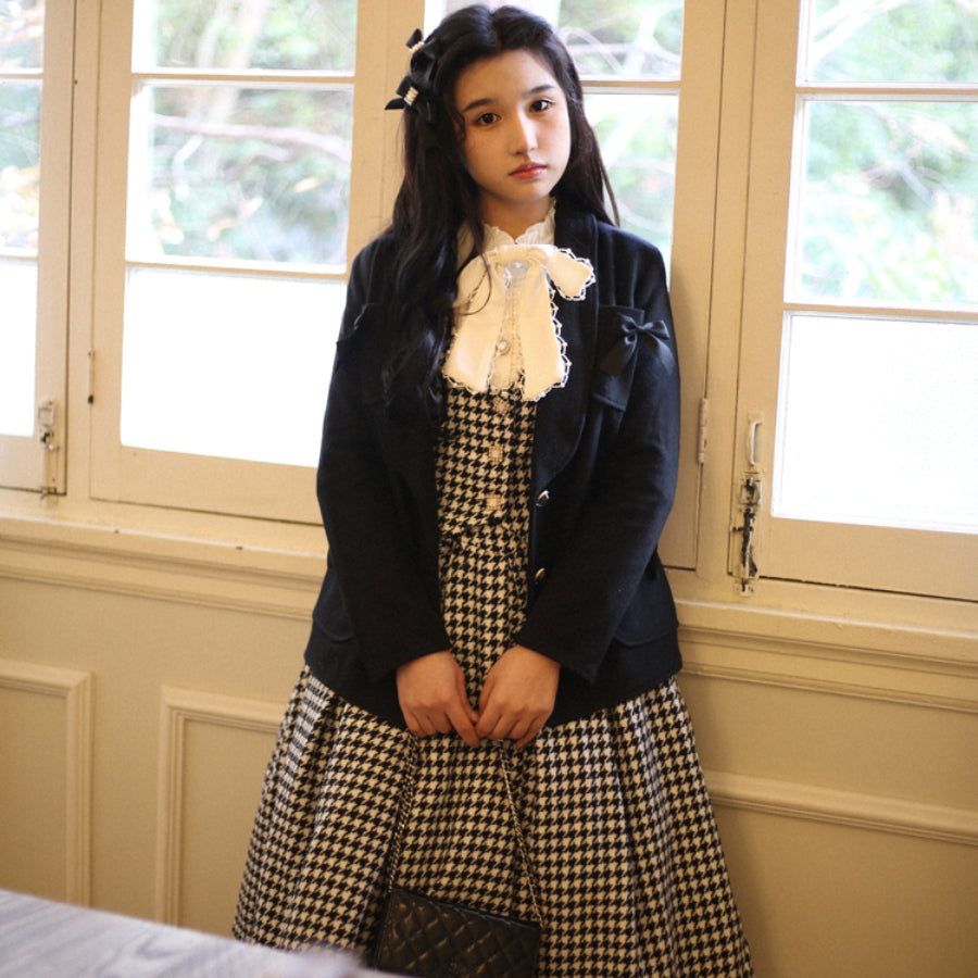 Daily Elegant Winter Lolita Woolen Houndstooth Skirt Sets