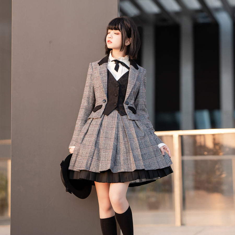 Vintage Girl Lolita Woolen Plaid Coat