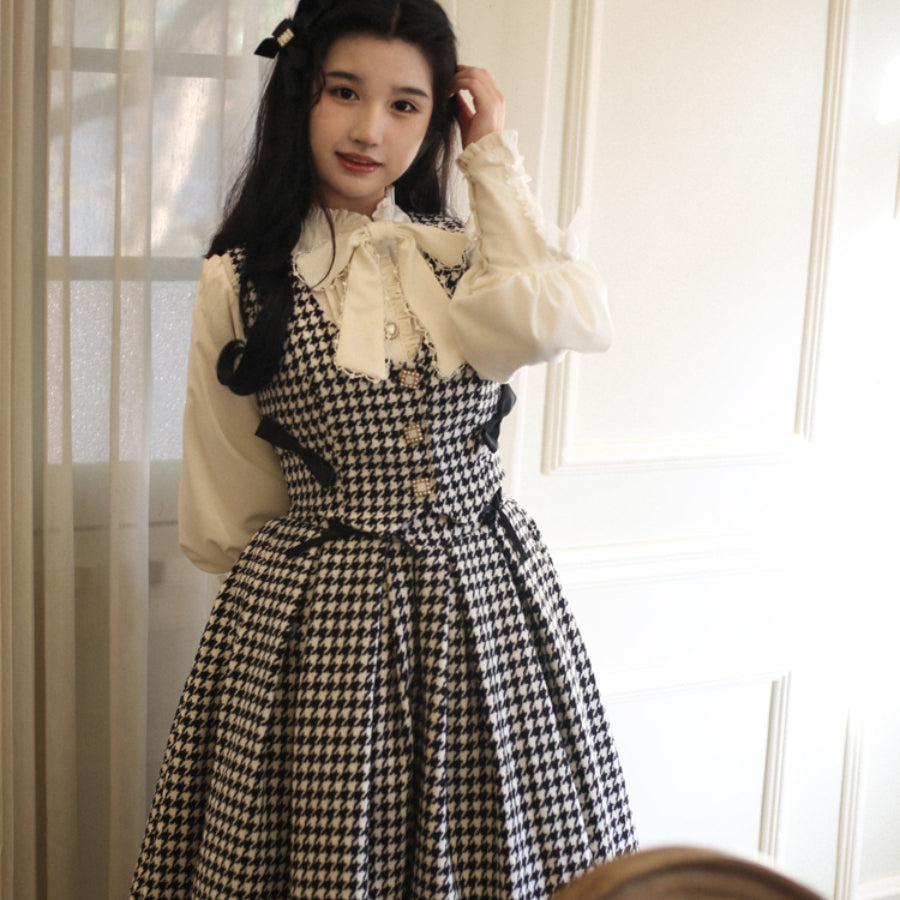 Daily Elegant Winter Lolita Woolen Houndstooth Skirt Sets