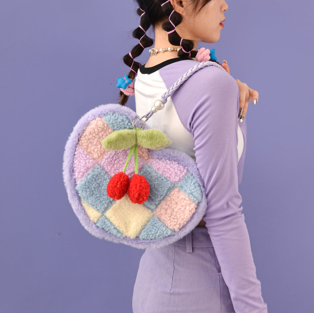 Heart-shaped Cherry Plush Shoulder Bag