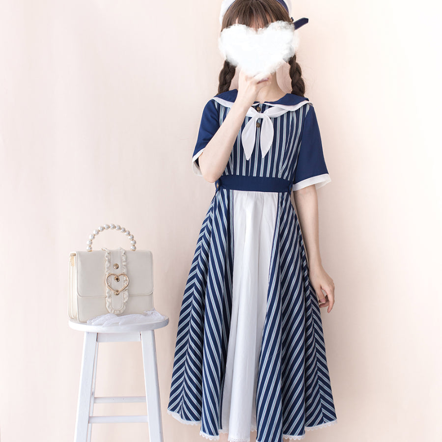 Summer Color Blocking Stripe Short-sleeved Dress