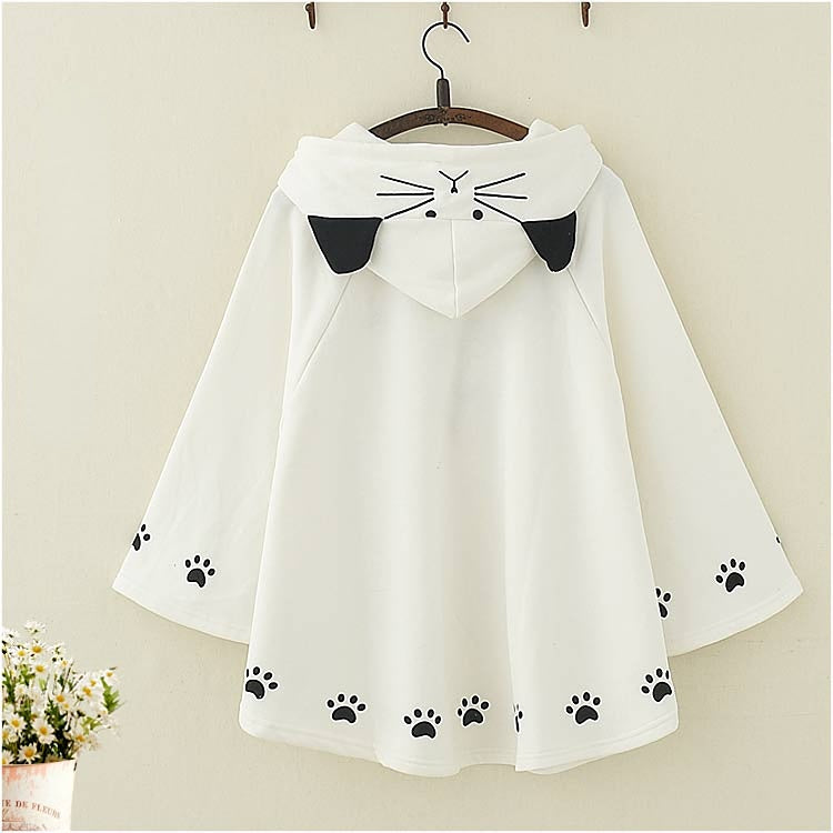 Cat Footprint Embroidery Plush Warm Hooded Cape Coat