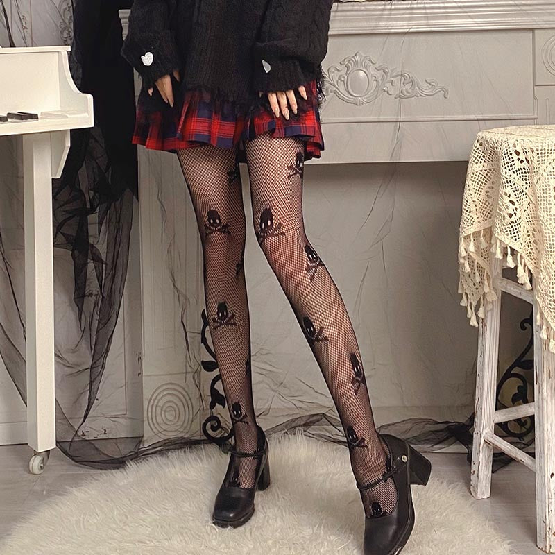 Black Punk Skull Panty-hose Sexy Girl Hollow Out Fish-net Panty-hose