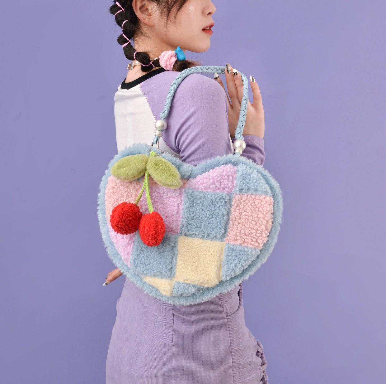 Heart-shaped Cherry Plush Shoulder Bag