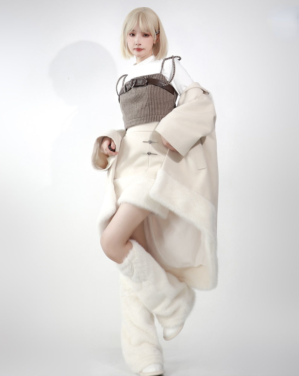 Woolen Coat Plaid Shorts Winter Warm Suit S22431