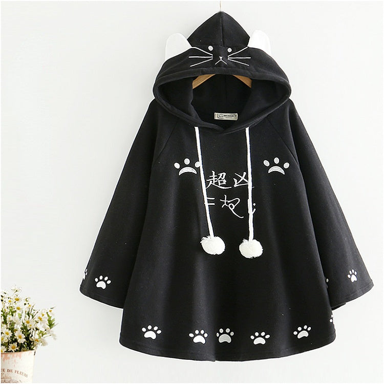 Cat Footprint Embroidery Plush Warm Hooded Cape Coat