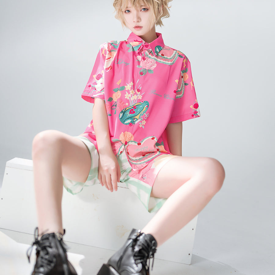 Summer Daily Vintage Loose Lolita Printed Shirt and Shorts