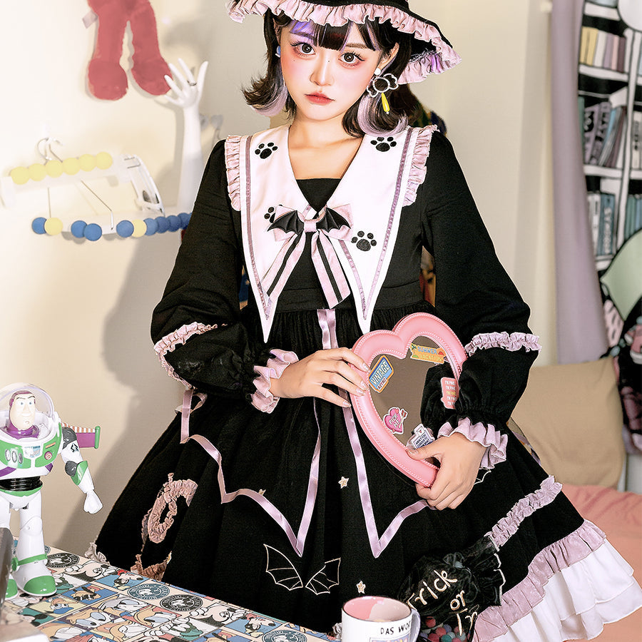 Halloween Gothic Thicken Lolita Long Sleeve Dress - cosfun