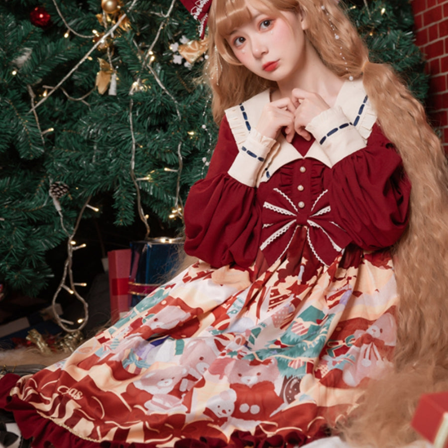 Christmas Bear Lovely and Sweet Lolita Long-sleeve Dress