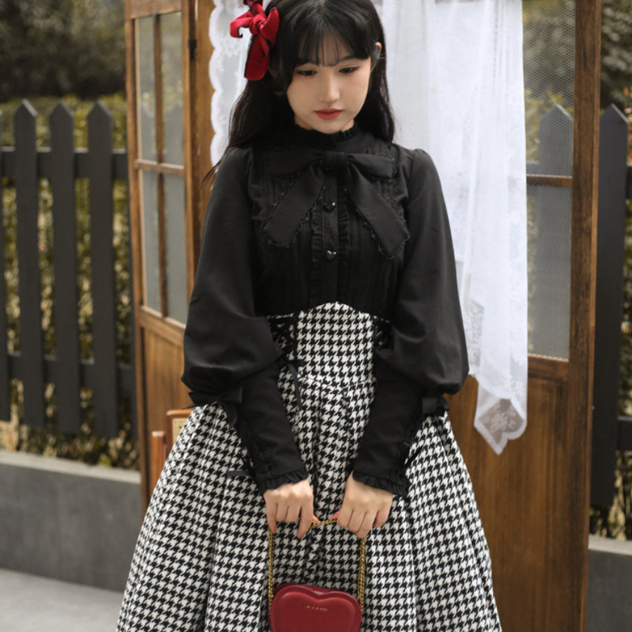 Daily Elegant Winter Lolita Woolen Houndstooth Skirt Sets