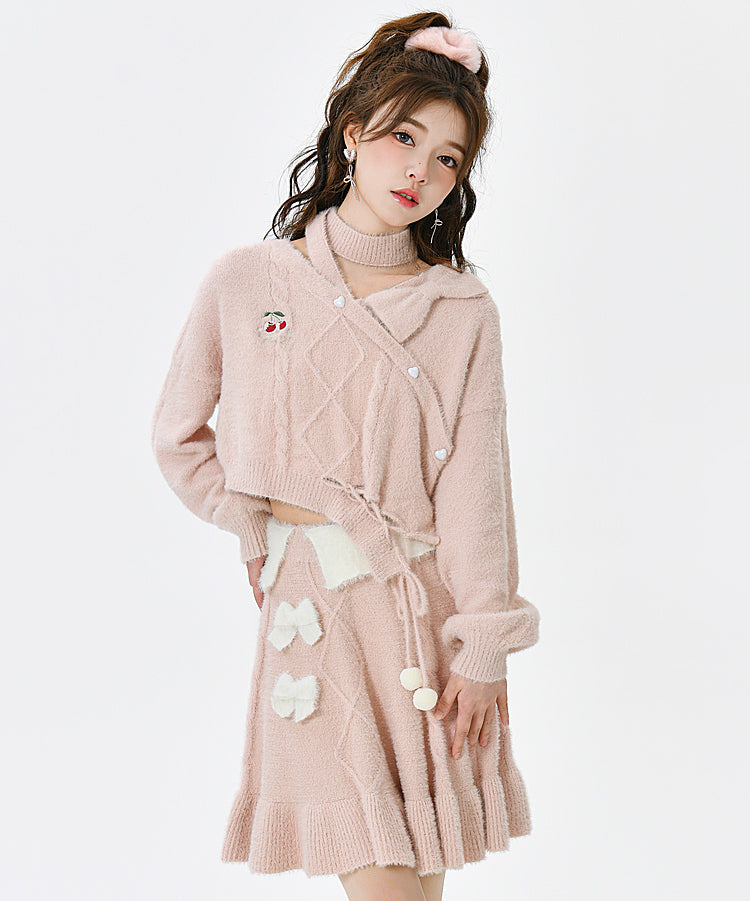 Autumn and Winter Sweet Girl Pink Knitting Two-piece Set