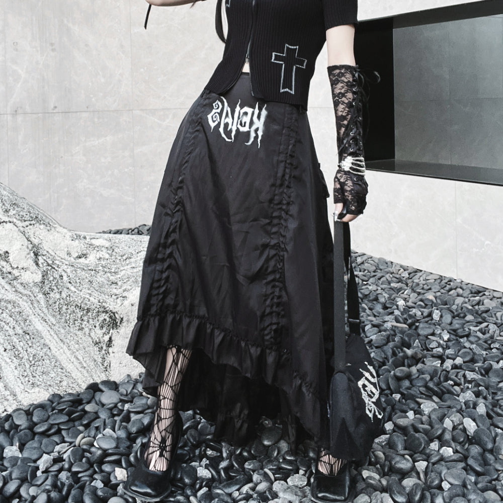 Gothic Irregular Pleated Letter Print Skirt