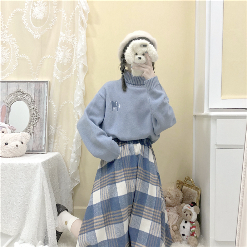 Japanese Style Tweed Soft Girl Plaid Thickened Suede Versatile Long Skirt Longuette