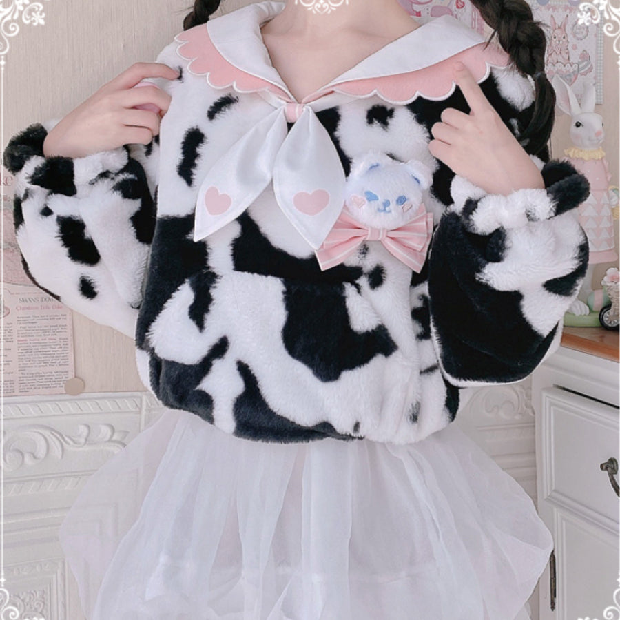 Autumn Winter Lovely Cow Lolita Woolen Hoodie