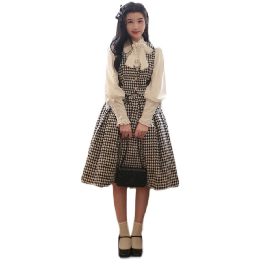 Daily Elegant Winter Lolita Woolen Houndstooth Skirt Sets